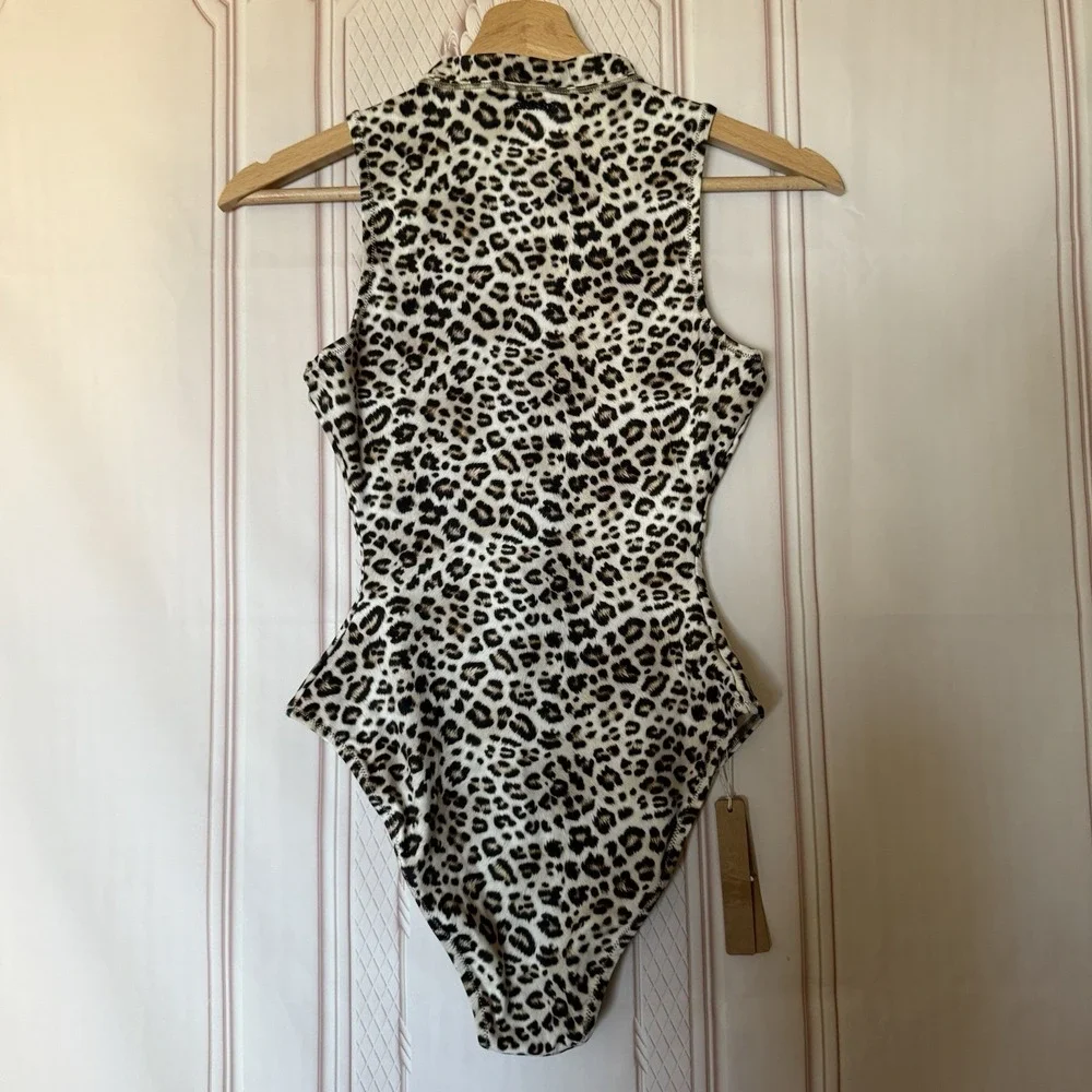 Skims Signature Swim Zip Front One Piece Champagne Leopard Print Sz XS NWT $96